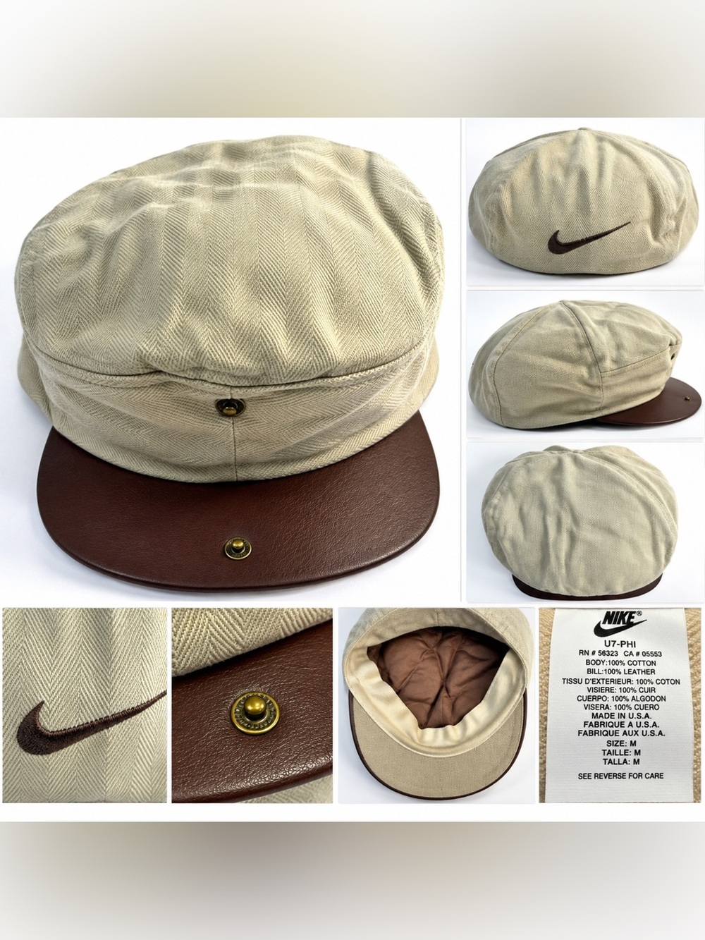 Vintage Nike Newsboy Driver Cap M Beige Herringbone Leather Brim Made USA